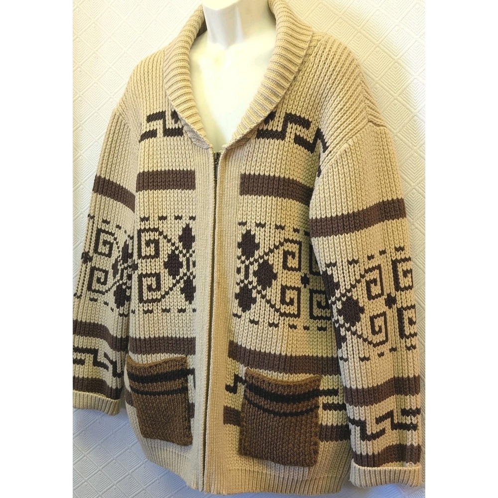 Aztec Western Chunky Knit  Lambswool Shawl Collar Zip Front Cardigan 2XL